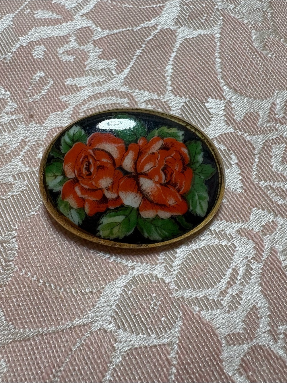Vintage Hand Painted Porcelain Rose Brooch Oval Floral Pin Gold Tone